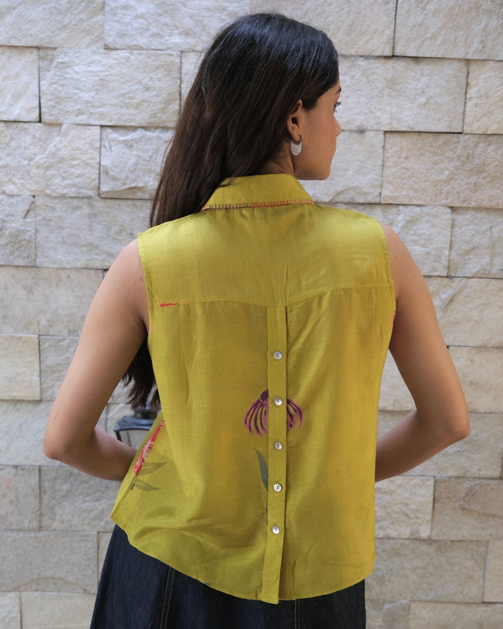 Chartreuse yellow muslin sleeveless top with embroidered collar - Sohni