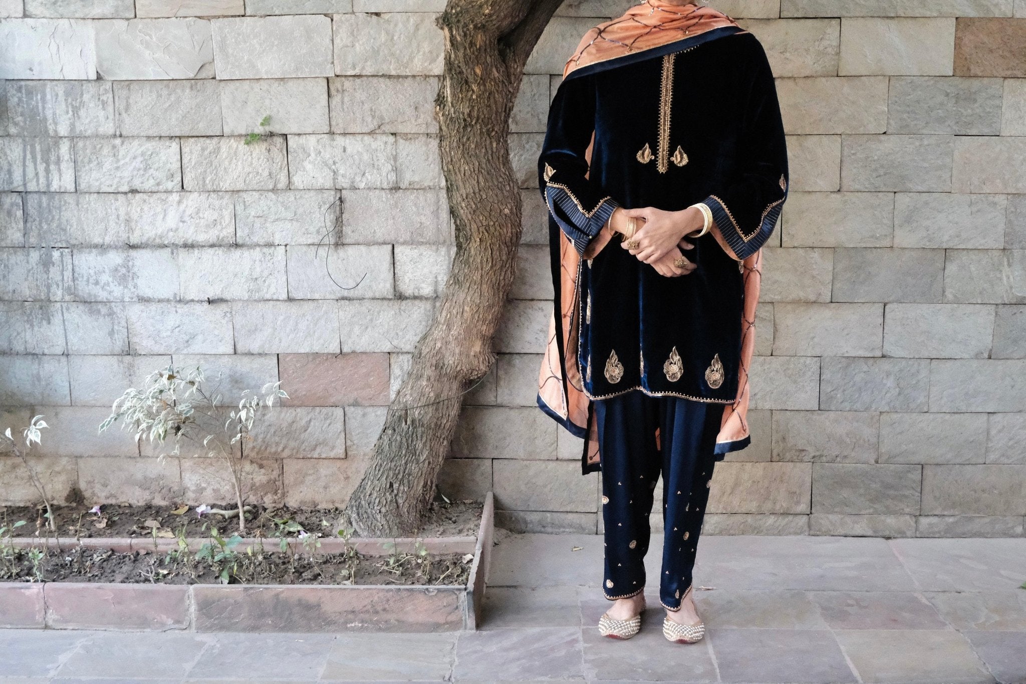 Cobalt blue velvet short kurta with satin salwar and peach silk dupatta - Sohni