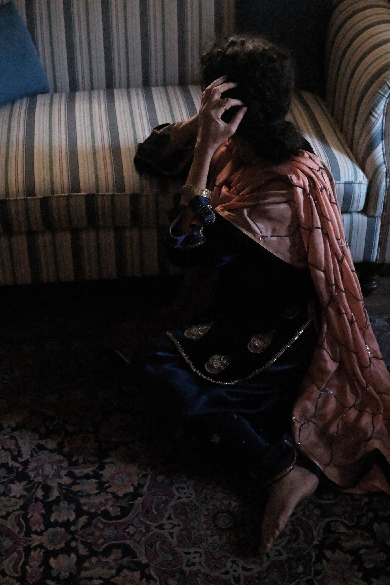 Cobalt blue velvet short kurta with satin salwar and peach silk dupatta - Sohni