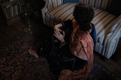 Cobalt blue velvet short kurta with satin salwar and peach silk dupatta - Sohni