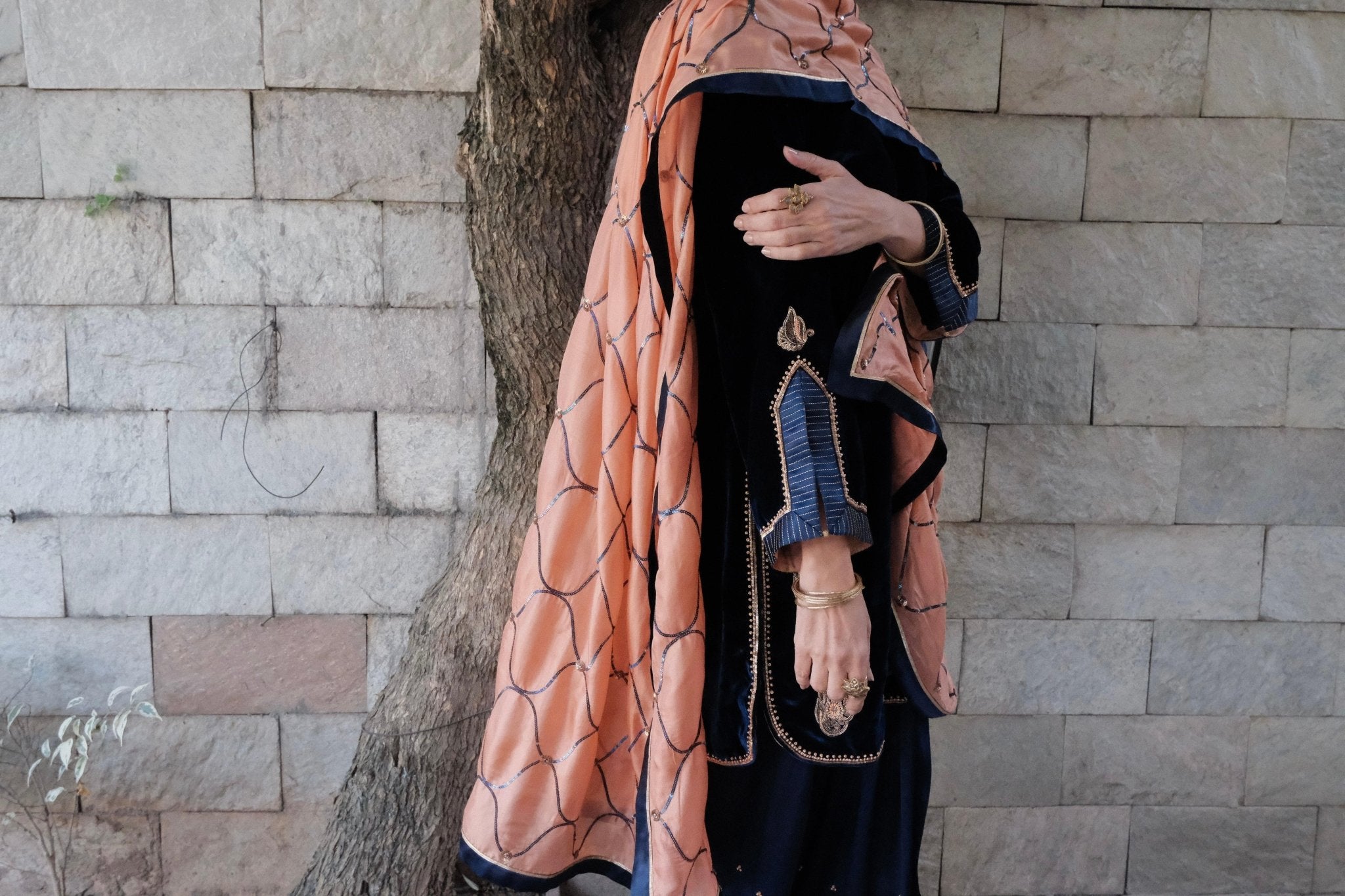 Cobalt blue velvet short kurta with satin salwar and peach silk dupatta - Sohni