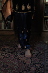 Cobalt blue velvet short kurta with satin salwar and peach silk dupatta - Sohni