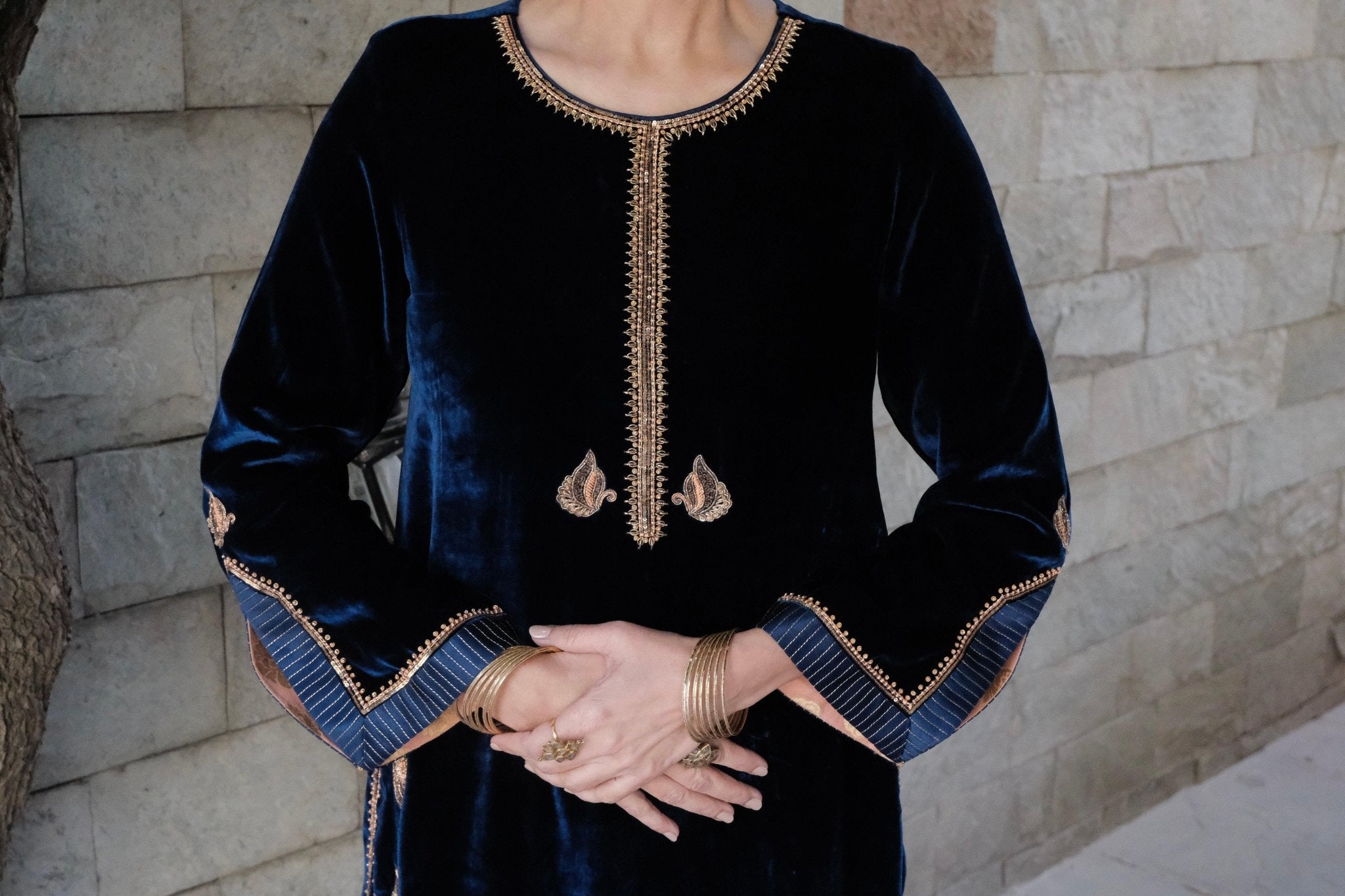Cobalt blue velvet short kurta with satin salwar and peach silk dupatta - Sohni