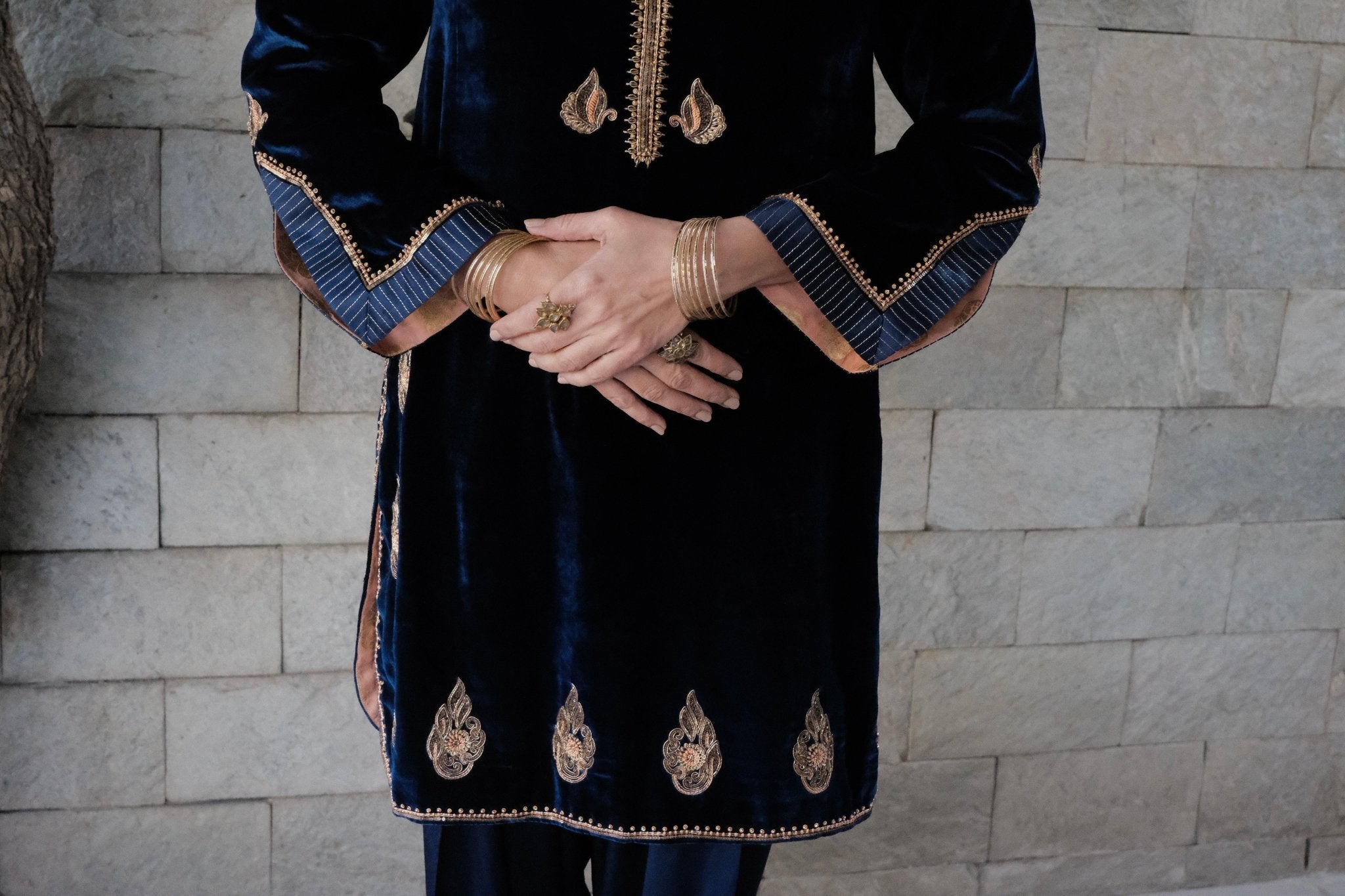 Cobalt blue velvet short kurta with satin salwar and peach silk dupatta - Sohni