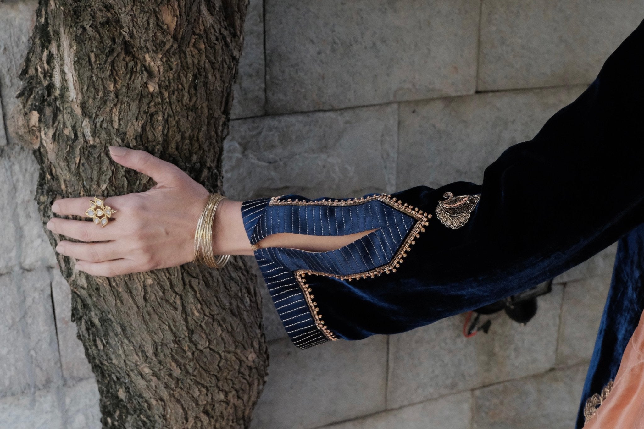 Cobalt blue velvet short kurta with satin salwar and peach silk dupatta - Sohni