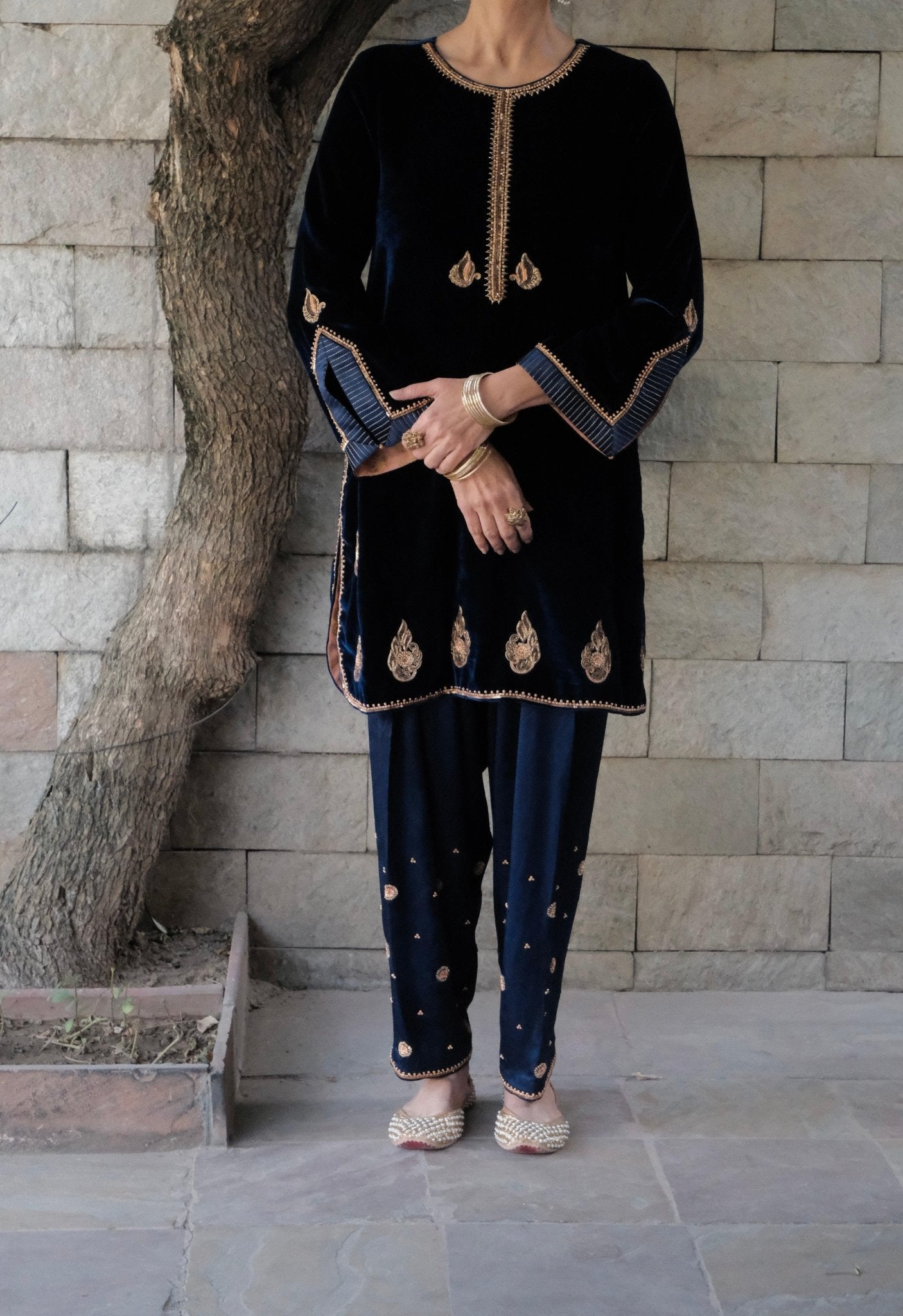 Cobalt blue velvet short kurta with satin salwar and peach silk dupatta - Sohni