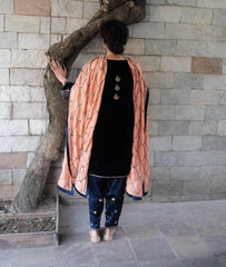 Cobalt blue velvet short kurta with satin salwar and peach silk dupatta - Sohni