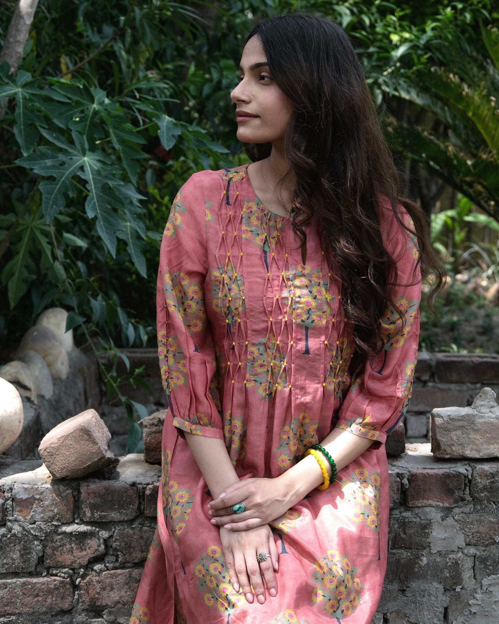 Coral pink boota jaal muslin honeycomb smocked kurta, dobby salwar and lehriya dupatta - Sohni