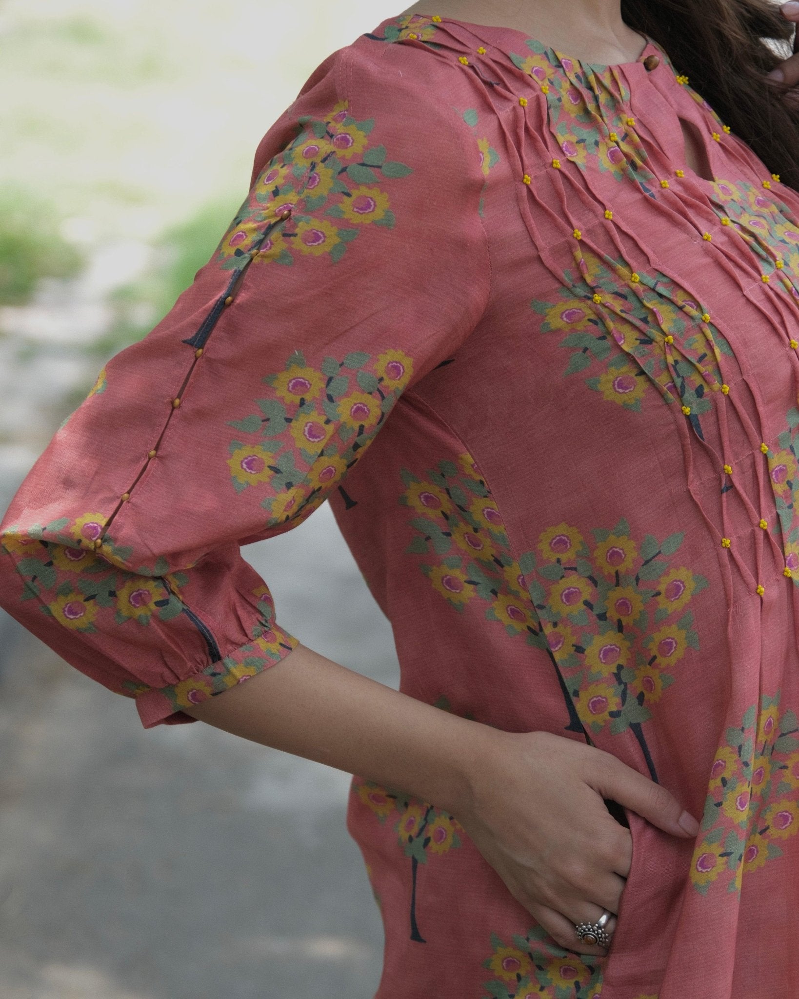 Coral pink boota jaal muslin honeycomb smocked kurta, dobby salwar and lehriya dupatta - Sohni