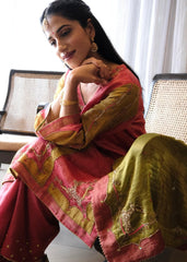 Coral pink striped tissue chanderi kurta set with deer motif embroidery - Sohni