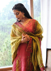 Coral pink striped tissue chanderi kurta set with deer motif embroidery - Sohni