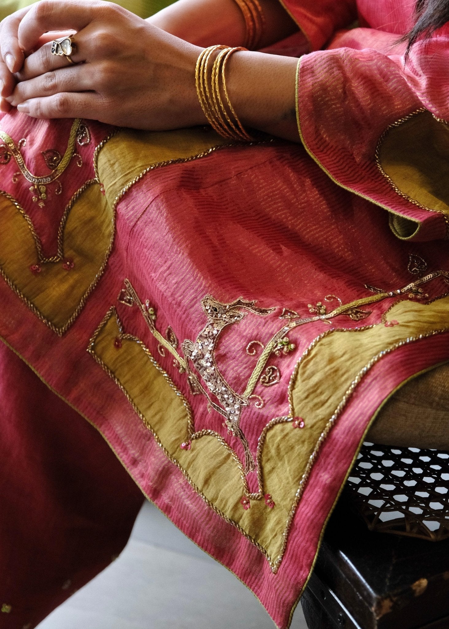 Coral pink striped tissue chanderi kurta set with deer motif embroidery - Sohni