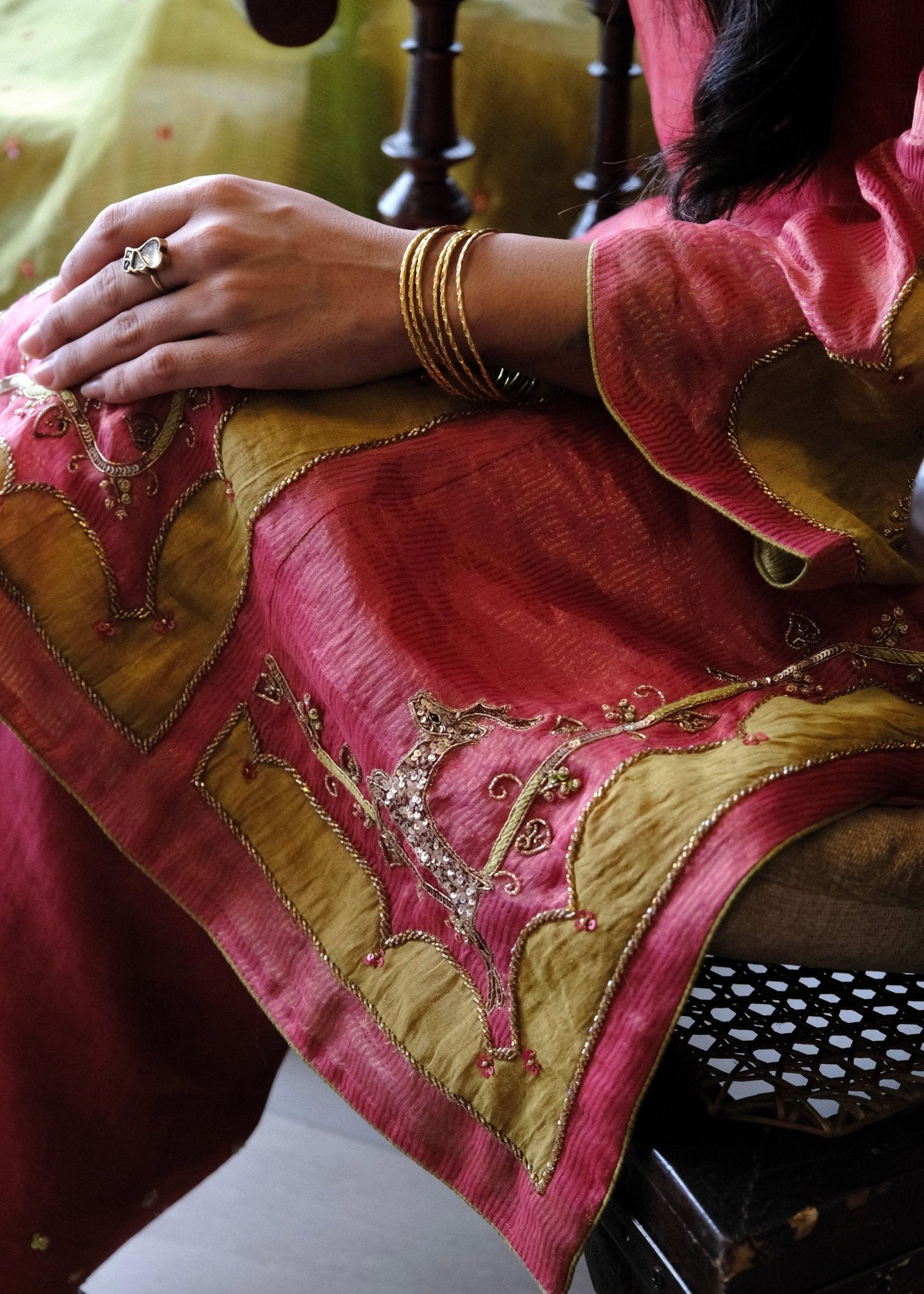 Coral pink striped tissue chanderi kurta set with deer motif embroidery - Sohni