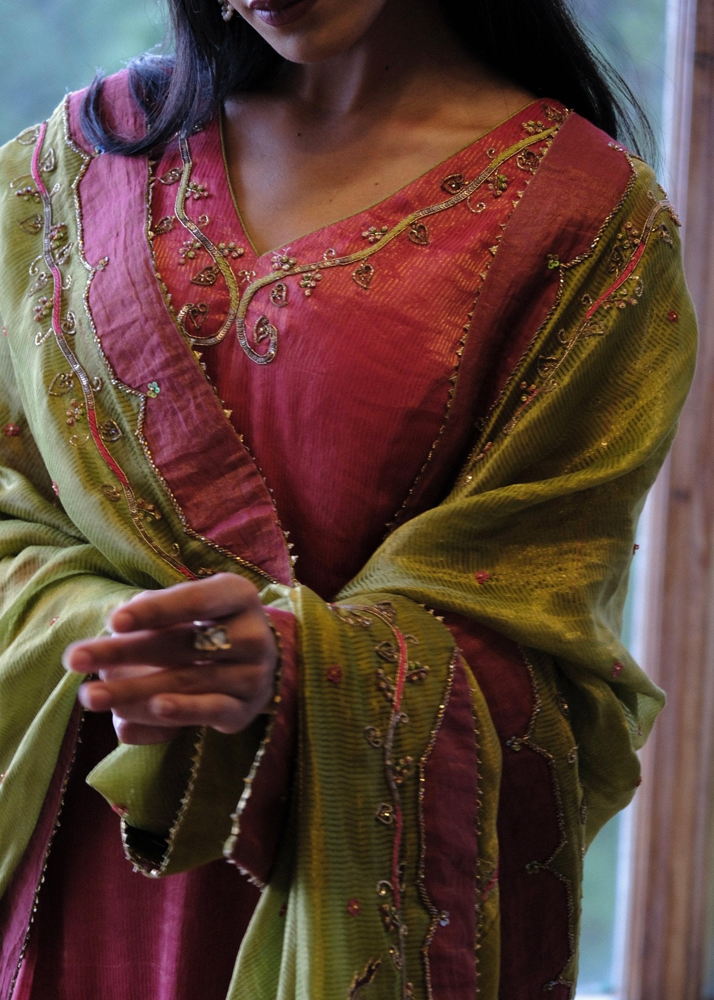 Coral pink striped tissue chanderi kurta set with deer motif embroidery - Sohni