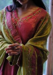 Coral pink striped tissue chanderi kurta set with deer motif embroidery - Sohni