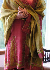 Coral pink striped tissue chanderi kurta set with deer motif embroidery - Sohni