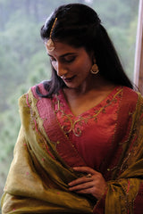 Coral pink striped tissue chanderi kurta set with deer motif embroidery - Sohni