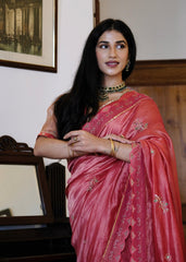 Coral pink striped tissue chanderi saree with birds of paradise embroidery - Sohni