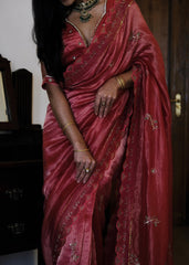 Coral pink striped tissue chanderi saree with birds of paradise embroidery - Sohni