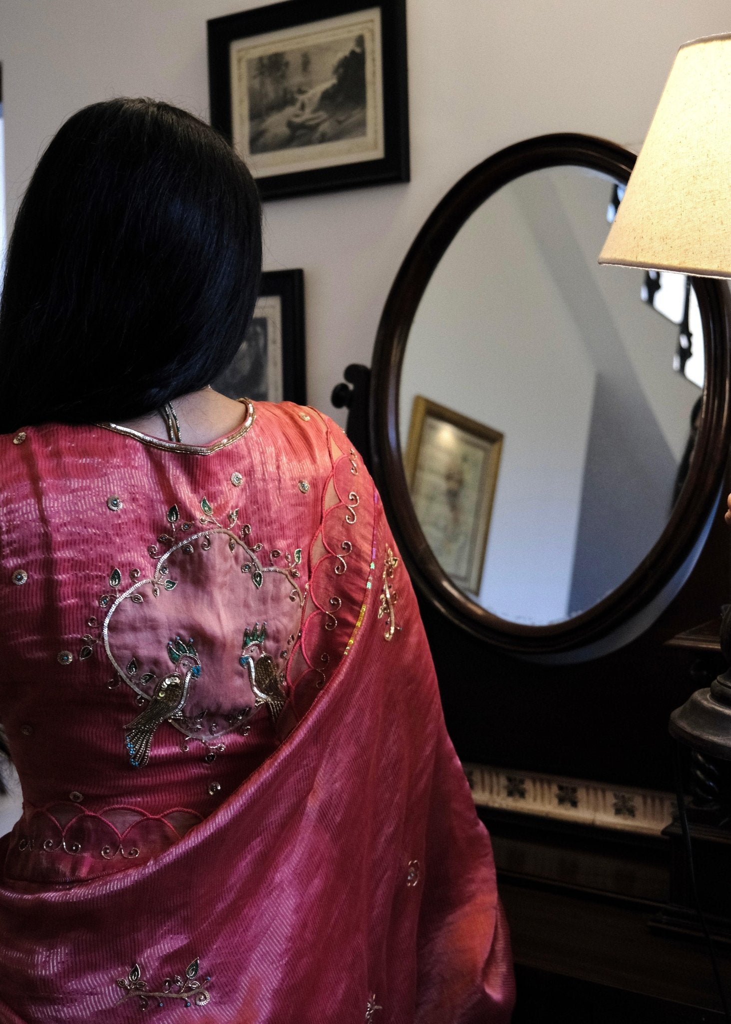 Coral pink striped tissue chanderi saree with birds of paradise embroidery - Sohni