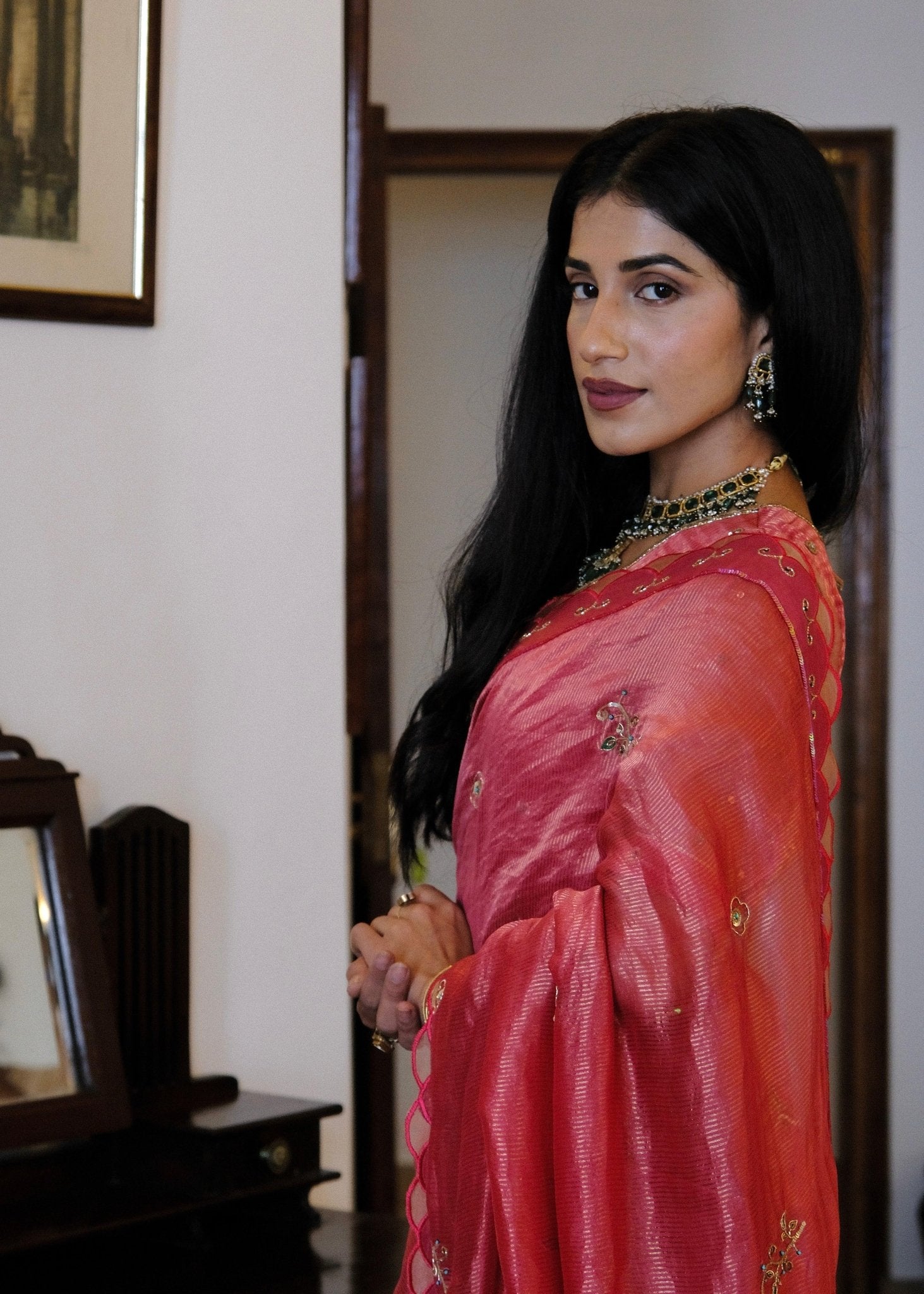 Coral pink striped tissue chanderi saree with birds of paradise embroidery - Sohni