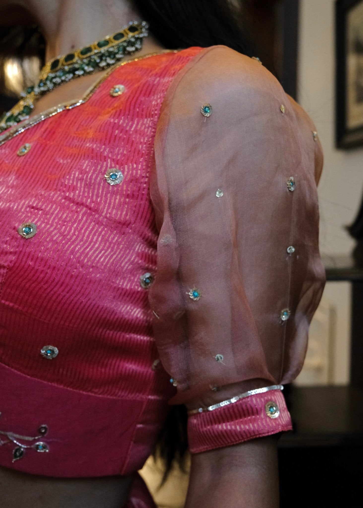 Coral pink striped tissue chanderi saree with birds of paradise embroidery - Sohni