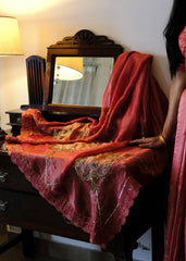 Coral pink striped tissue chanderi saree with birds of paradise embroidery - Sohni