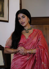 Coral pink striped tissue chanderi saree with birds of paradise embroidery - Sohni