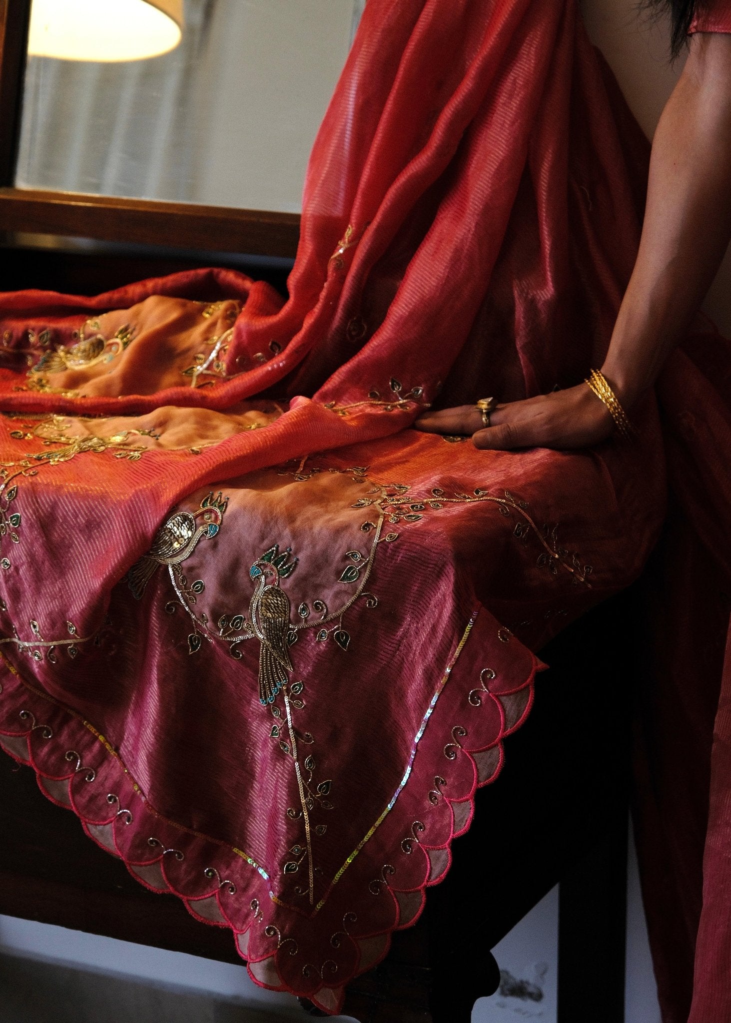 Coral pink striped tissue chanderi saree with birds of paradise embroidery - Sohni