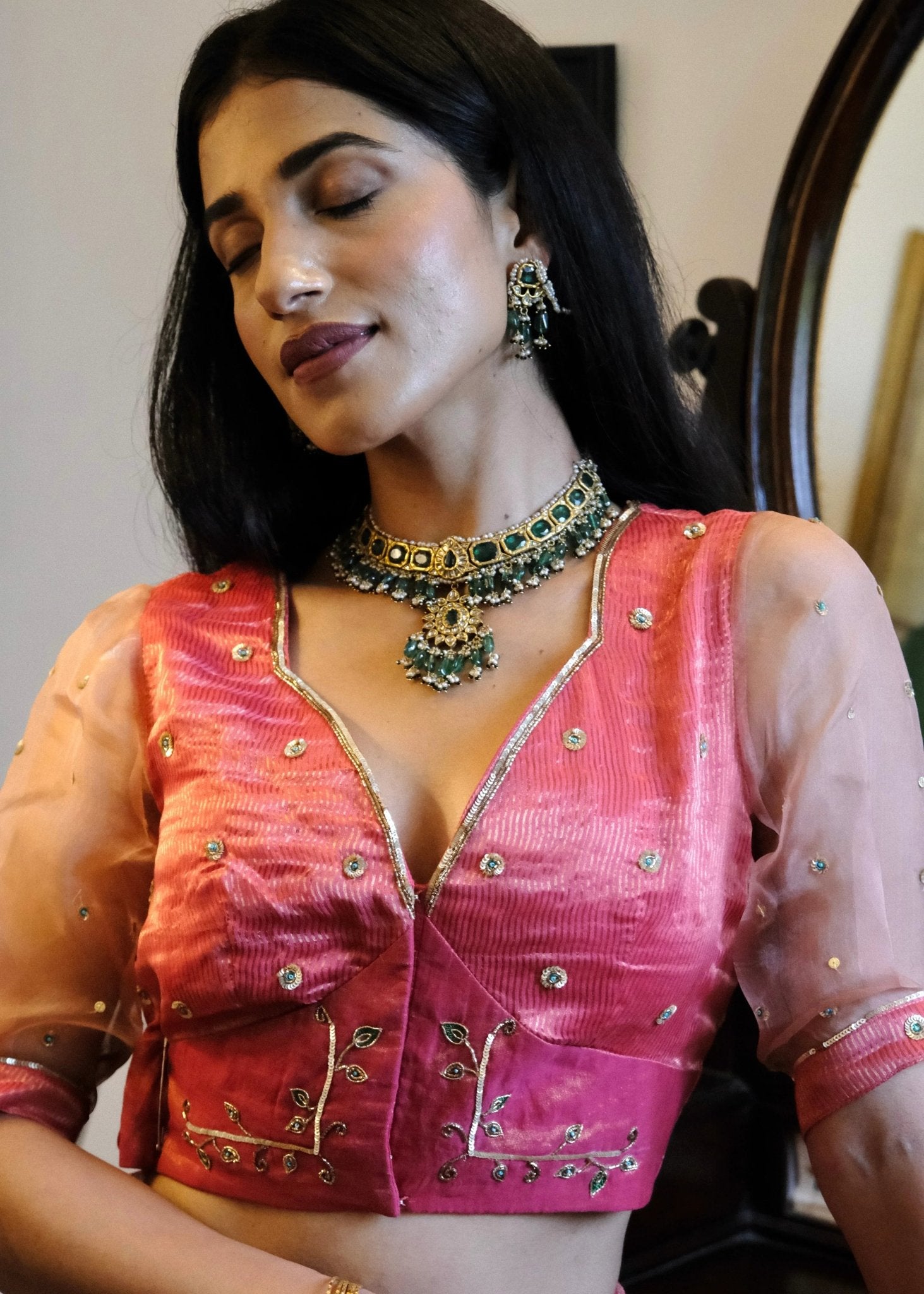 Coral pink striped tissue chanderi saree with birds of paradise embroidery - Sohni