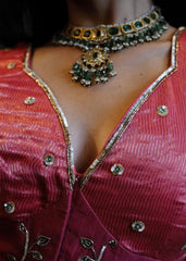 Coral pink striped tissue chanderi saree with birds of paradise embroidery - Sohni