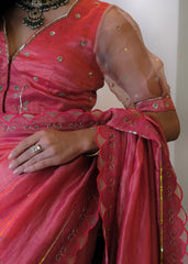 Coral pink striped tissue chanderi saree with birds of paradise embroidery - Sohni