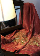 Coral pink striped tissue chanderi saree with birds of paradise embroidery - Sohni