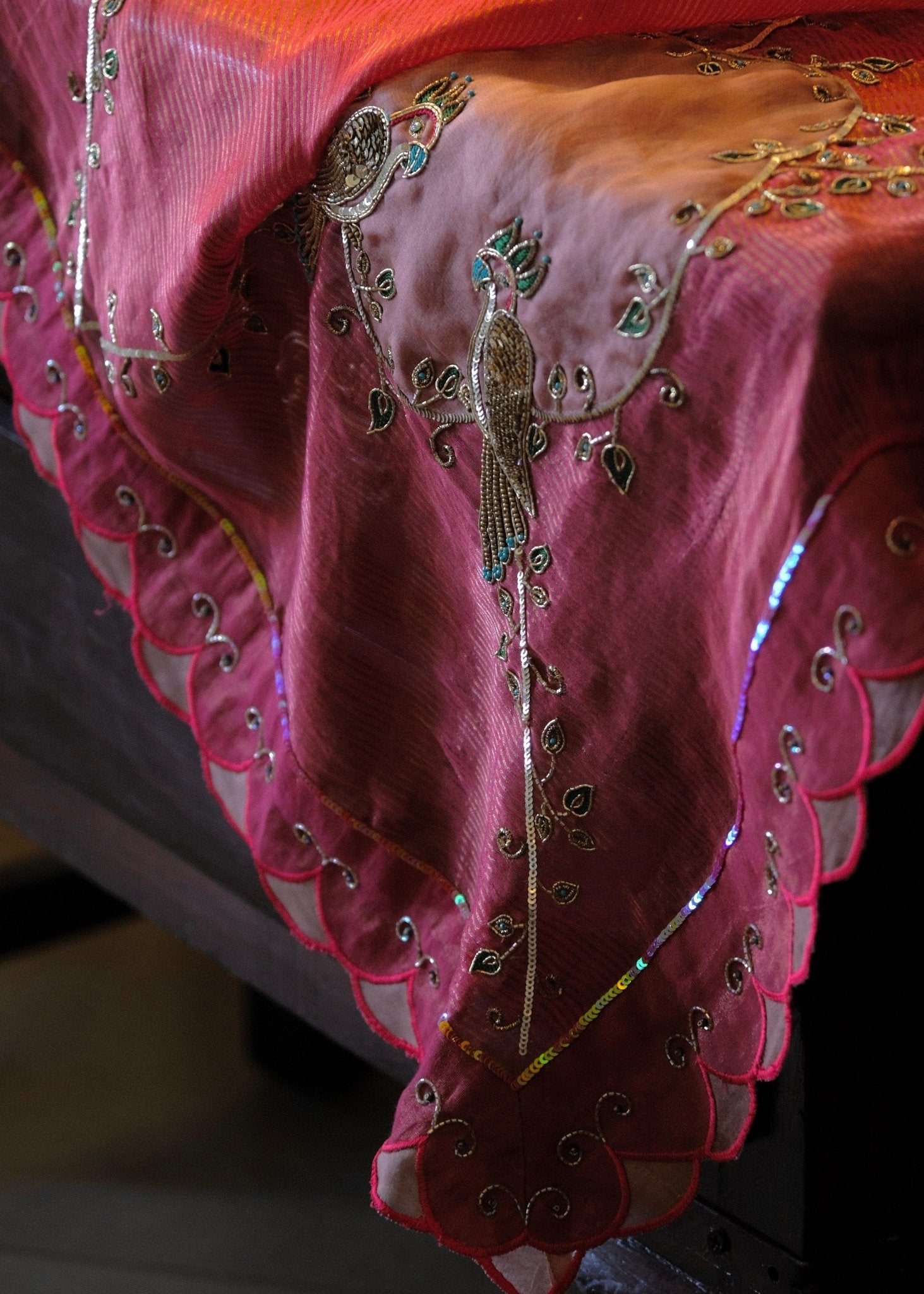 Coral pink striped tissue chanderi saree with birds of paradise embroidery - Sohni