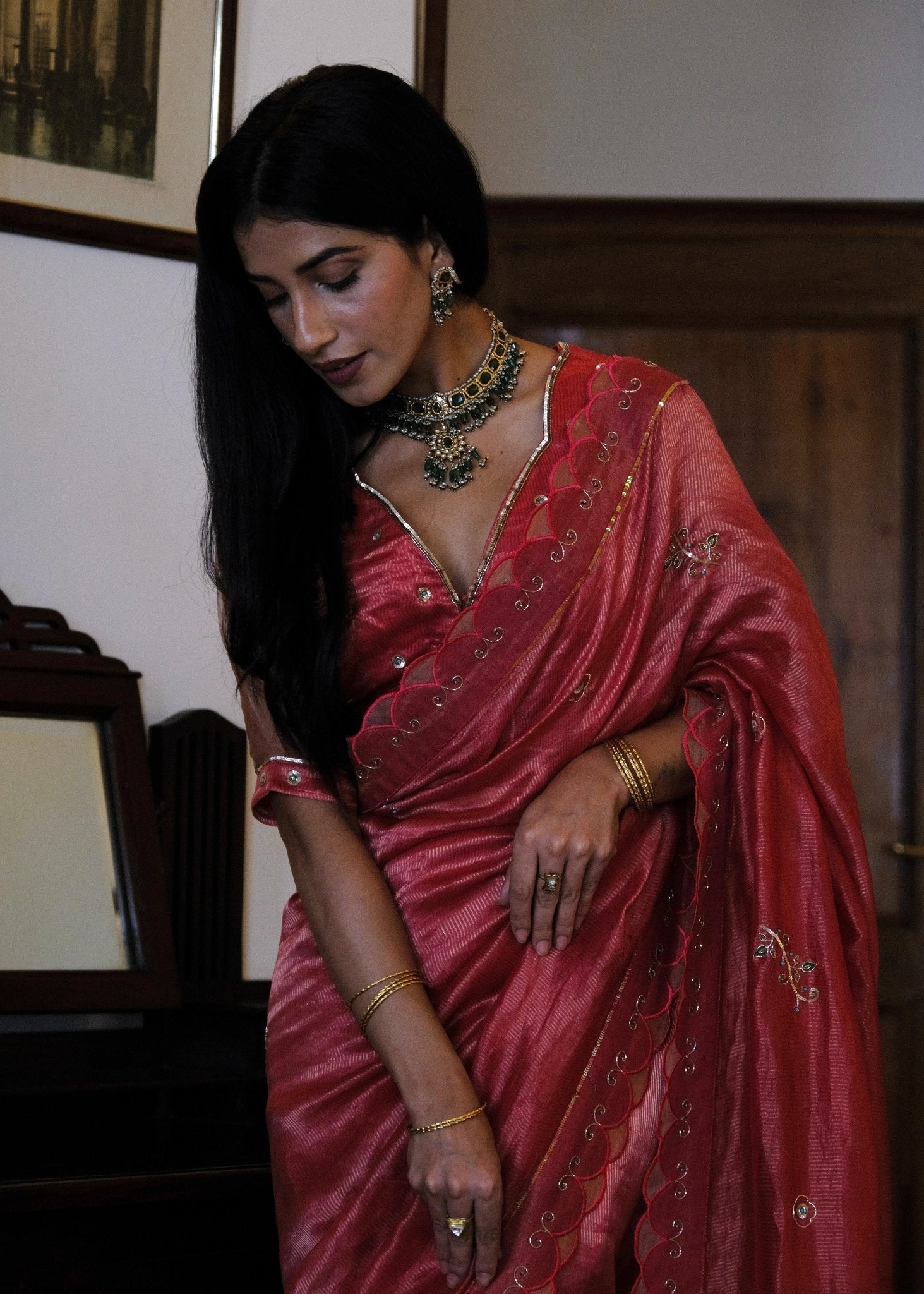 Coral pink striped tissue chanderi saree with birds of paradise embroidery - Sohni