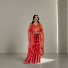 Coral tissue chanderi garara set with gota patti work and organza dupatta - Sohni