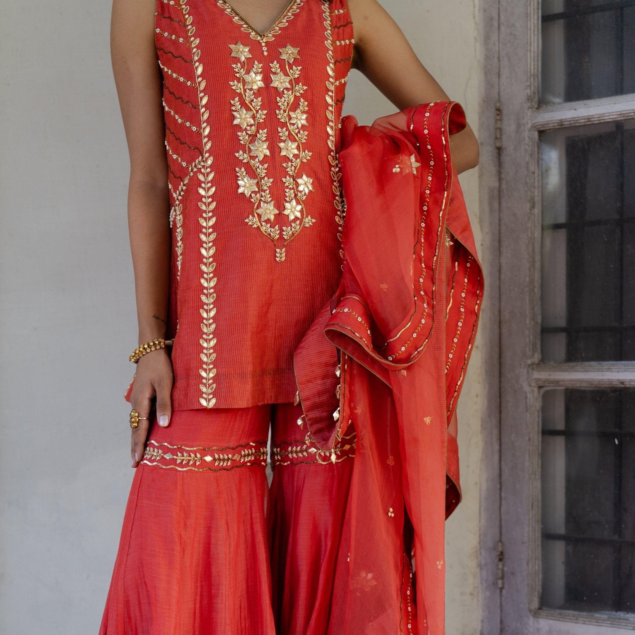 Coral tissue chanderi garara set with gota patti work and organza dupatta - Sohni