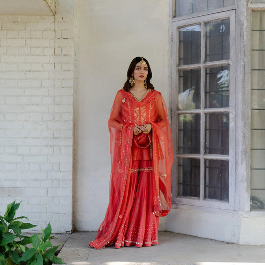 Coral tissue chanderi garara set with gota patti work and organza dupatta - Sohni