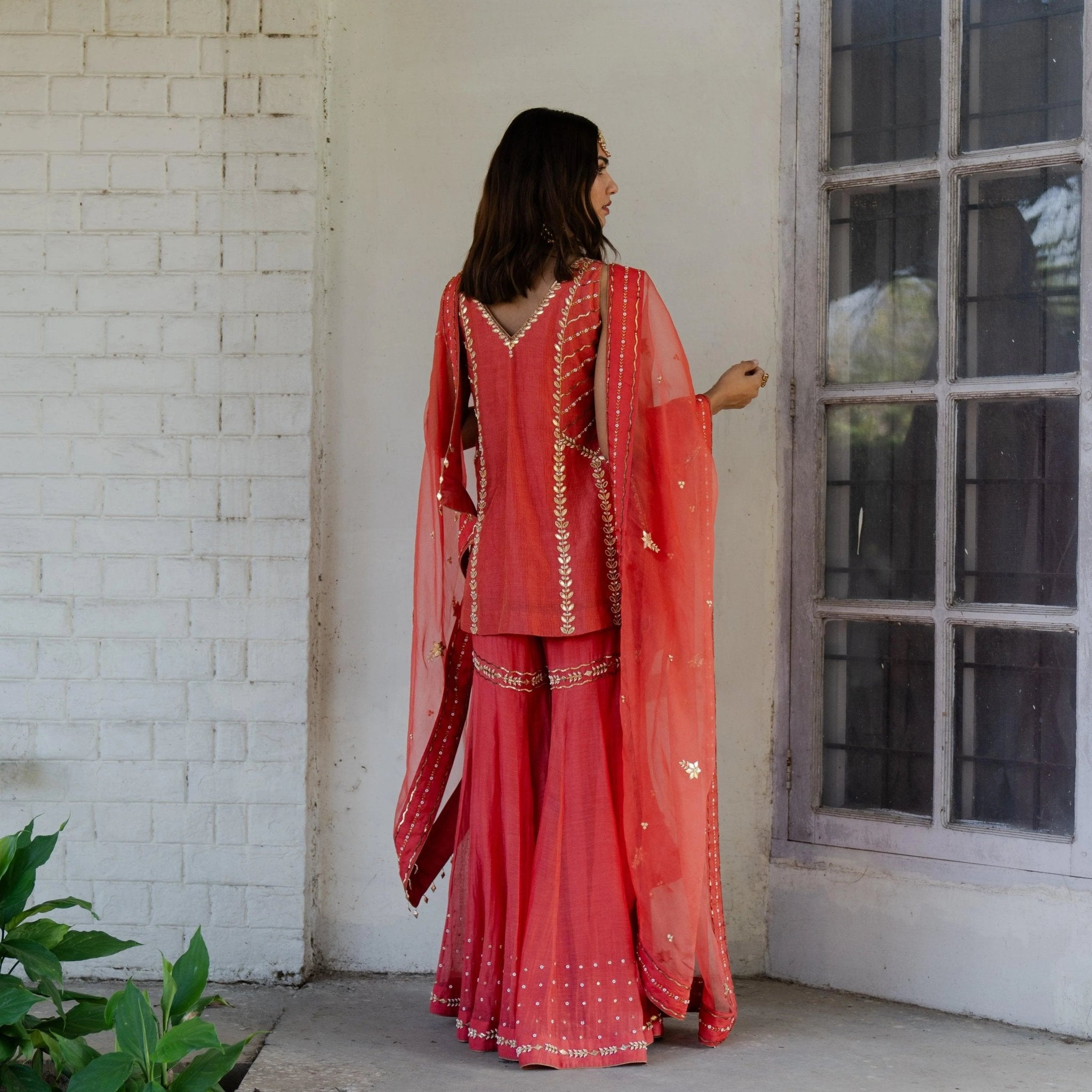 Coral tissue chanderi garara set with gota patti work and organza dupatta - Sohni