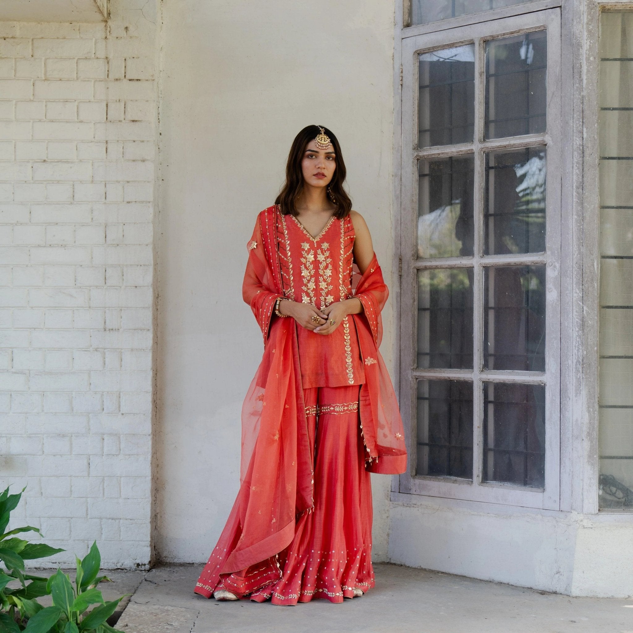Coral tissue chanderi garara set with gota patti work and organza dupatta - Sohni