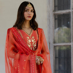 Coral tissue chanderi garara set with gota patti work and organza dupatta - Sohni