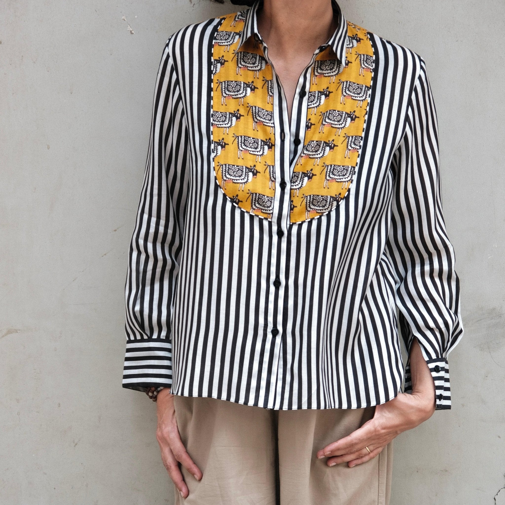 Cow - printed yoke on monochrome black white stripes muslin shirt - Sohni