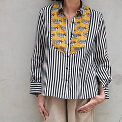 Cow - printed yoke on monochrome black white stripes muslin shirt - Sohni