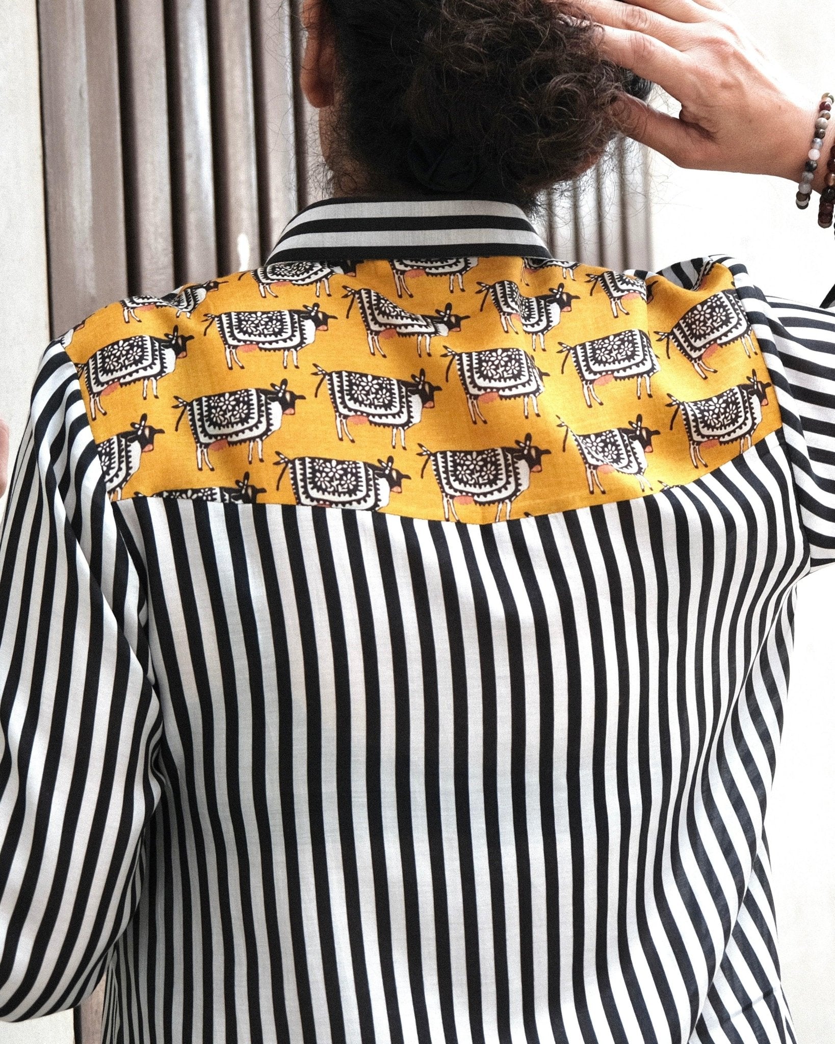 Cow - printed yoke on monochrome black white stripes muslin shirt - Sohni