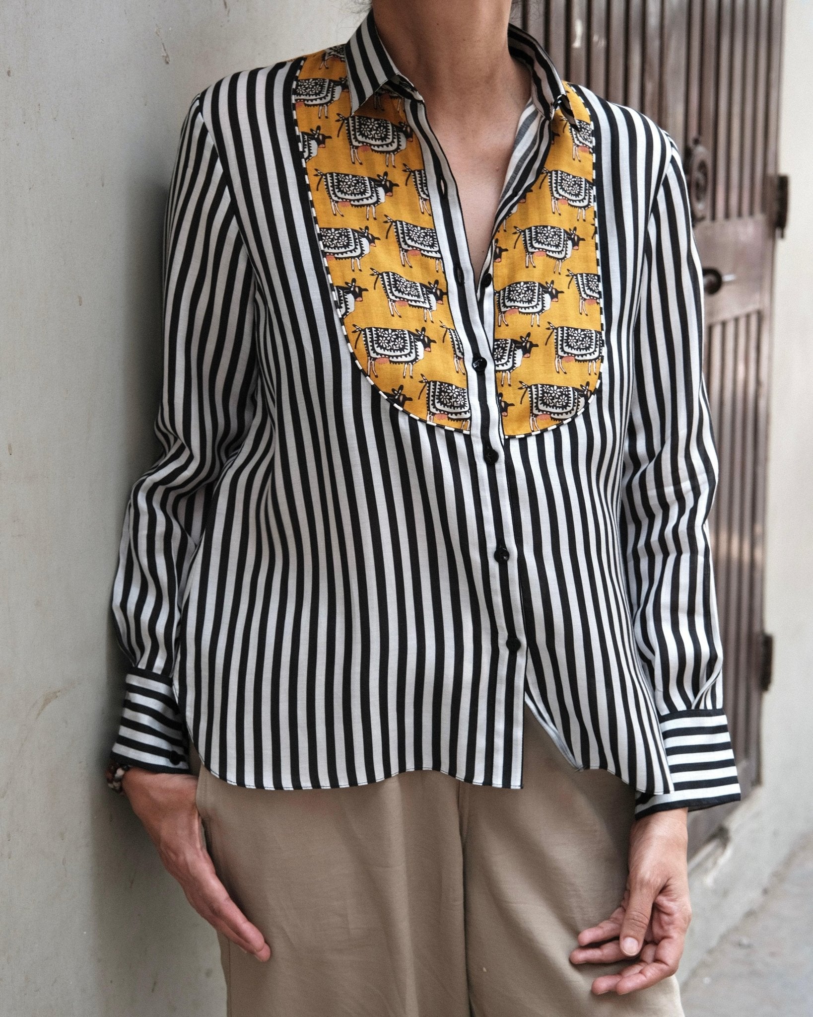 Cow - printed yoke on monochrome black white stripes muslin shirt - Sohni
