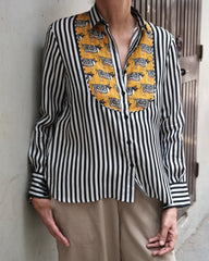 Cow - printed yoke on monochrome black white stripes muslin shirt - Sohni