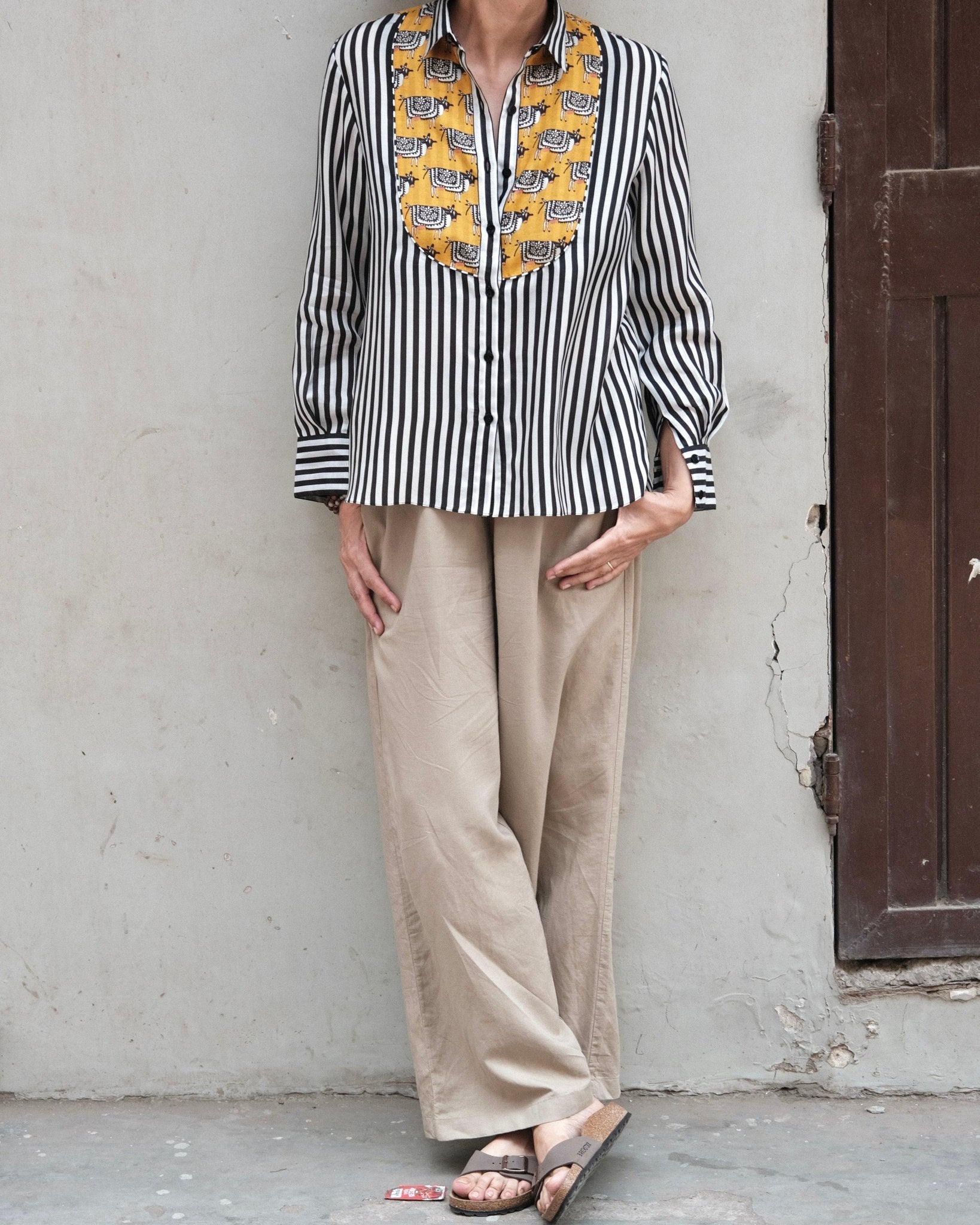 Cow - printed yoke on monochrome black white stripes muslin shirt - Sohni