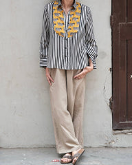 Cow - printed yoke on monochrome black white stripes muslin shirt - Sohni