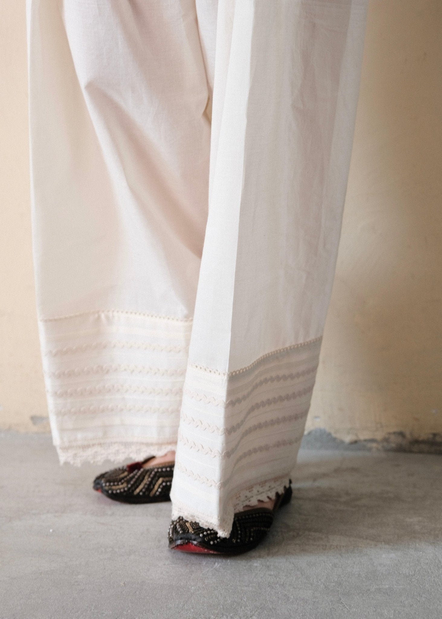 Cream (greige) cotton farshi salwar with lace detail - Sohni