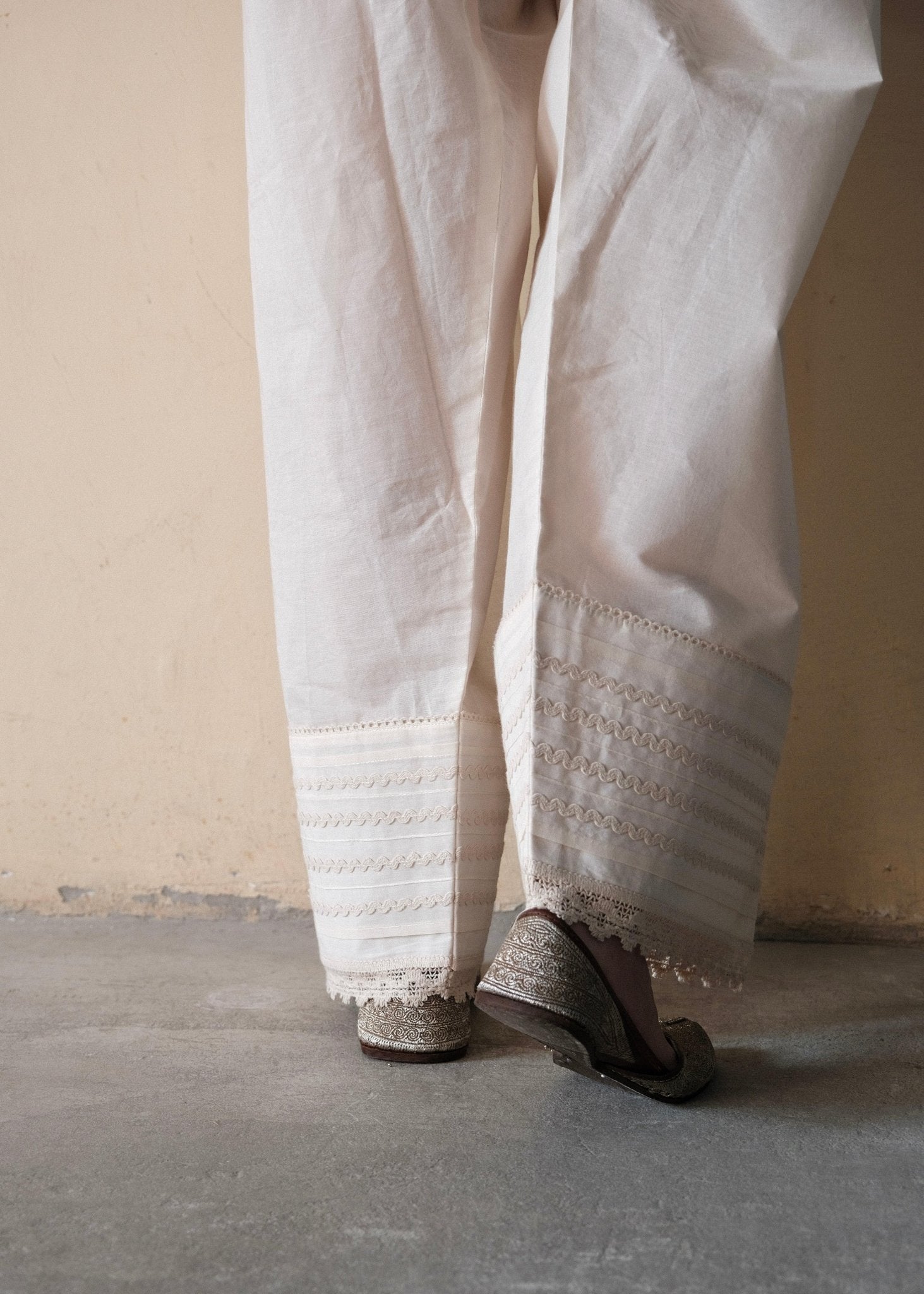 Cream (greige) cotton farshi salwar with lace detail - Sohni